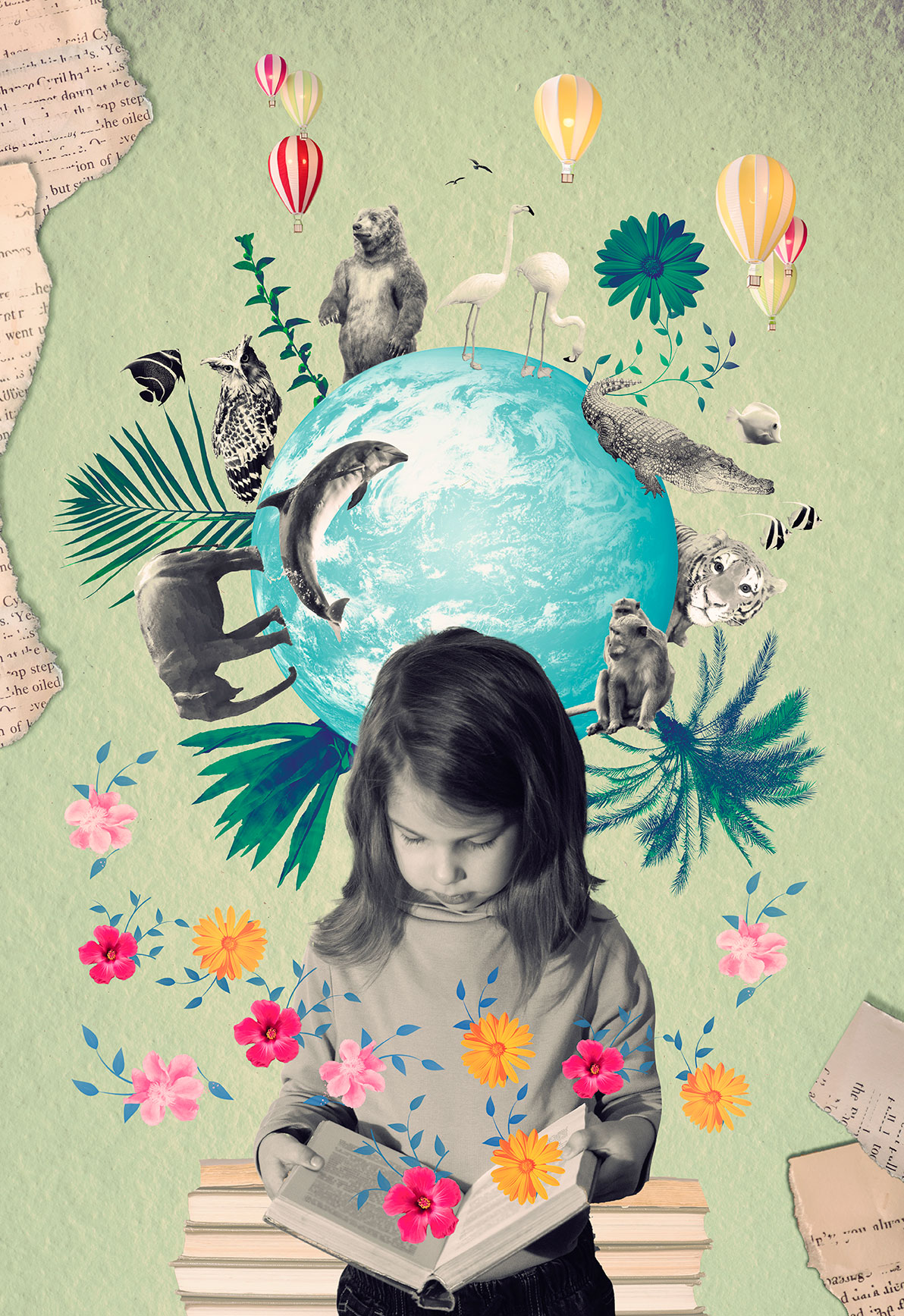 Kind mit Buch und Fantasiegebilden